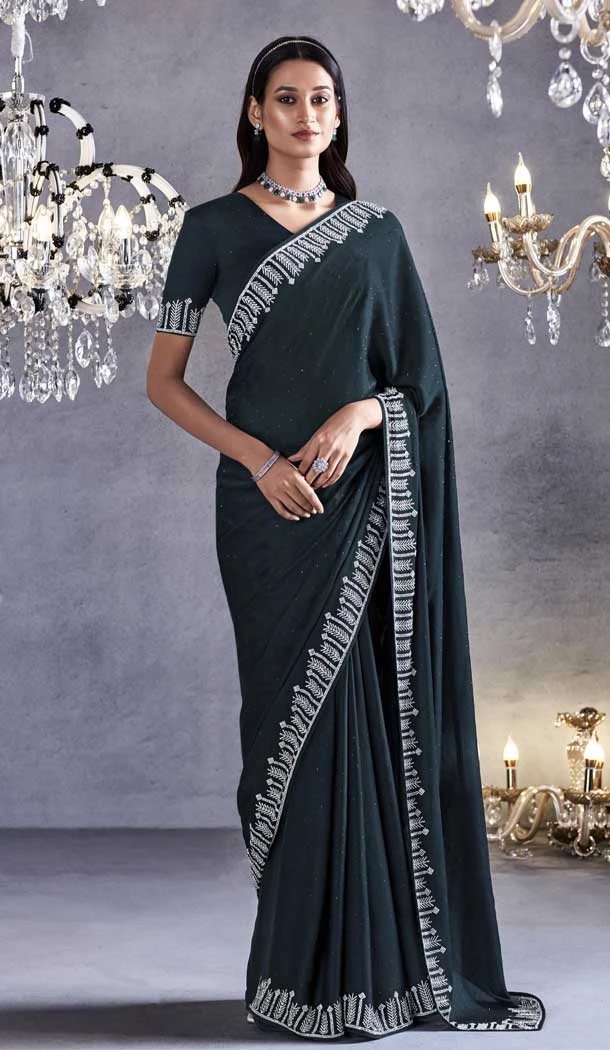 Black Pure Satin With Embroidery Work Traditional Designer Wear Saree - 8025179811