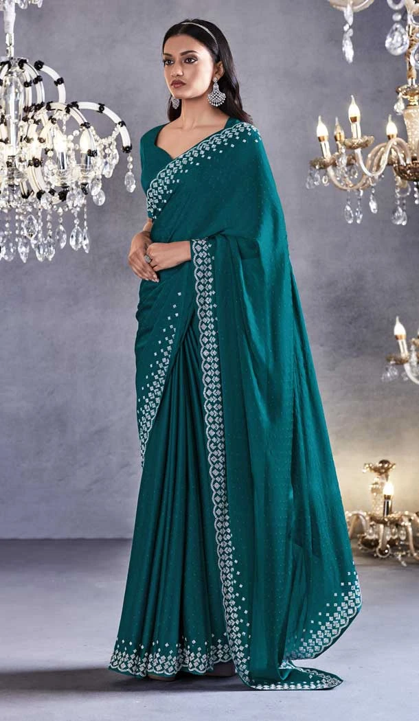 Teal Color Pure Satin With Embroidery Work Traditional Designer Wear Saree - 8025179812