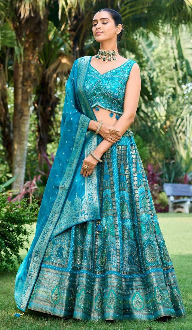 Banarasi Silk Handwork Wedding Wear Heavy Lehenga Choli In Sky Blue - 8026179813