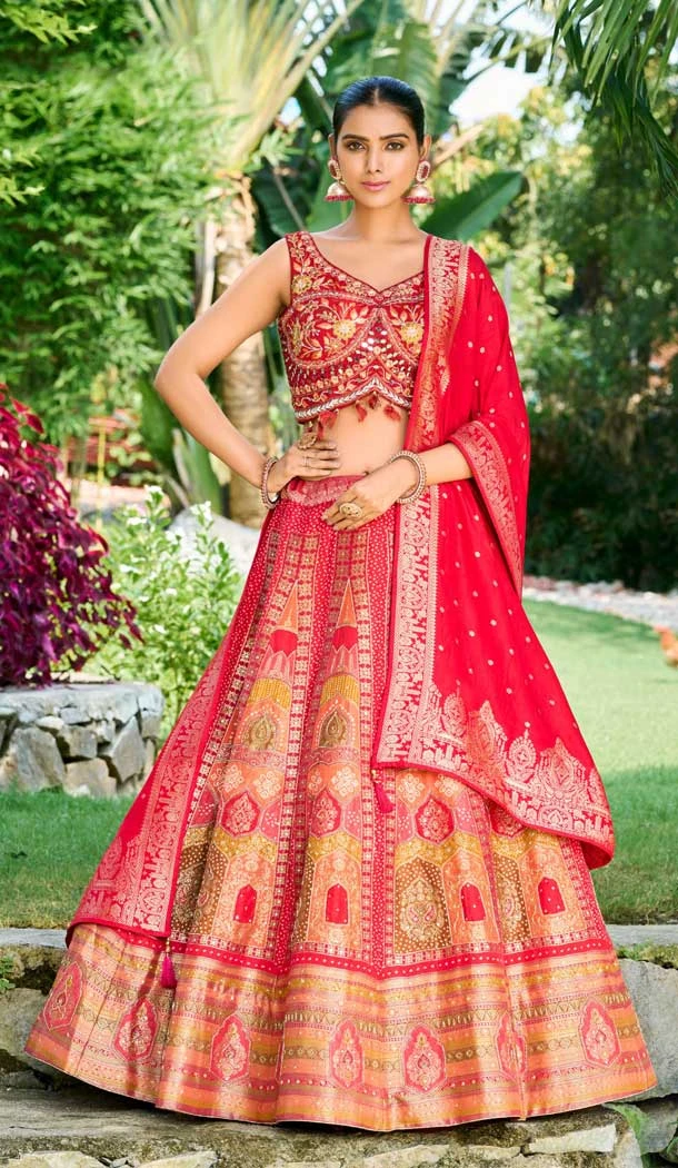 Banarasi Silk Handwork Wedding Wear Heavy Lehenga Choli In Red - 8026179814