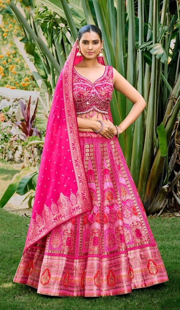 Banarasi Silk Handwork Wedding Wear Heavy Lehenga Choli In Pink - 8026179815