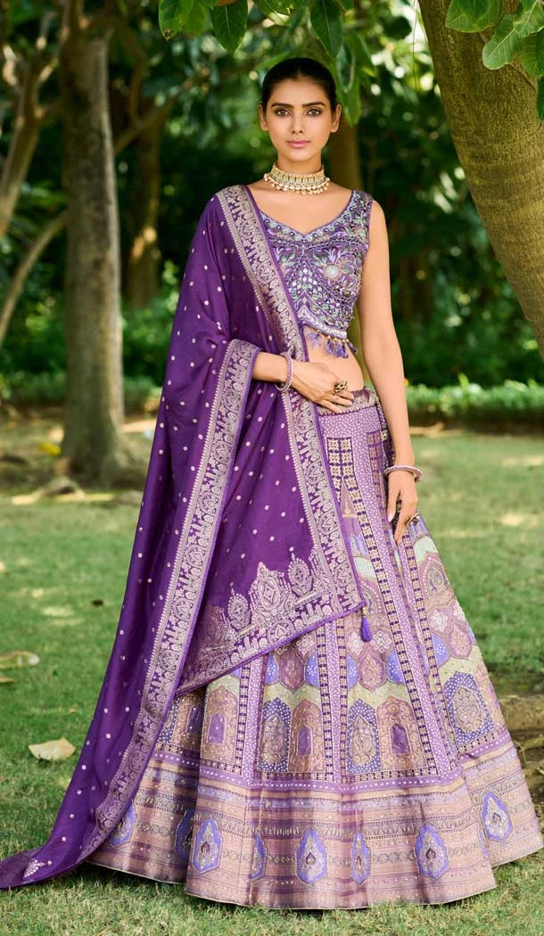 Banarasi Silk Handwork Wedding Wear Heavy Lehenga Choli In Purple - 8026179816