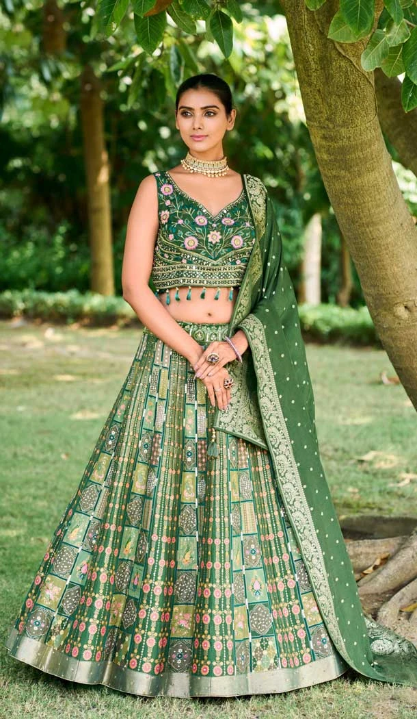 Banarasi Silk Handwork Wedding Wear Heavy Lehenga Choli In Mehendi - 8026179817