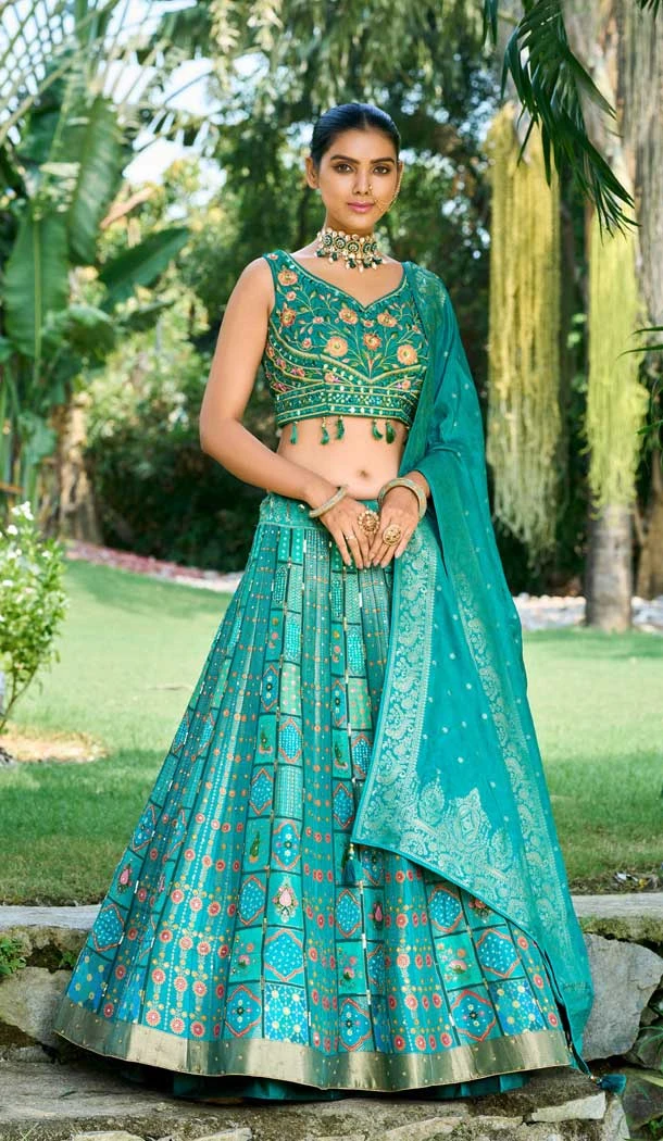 Banarasi Silk Handwork Wedding Wear Heavy Lehenga Choli In Rama Blue - 8026179818