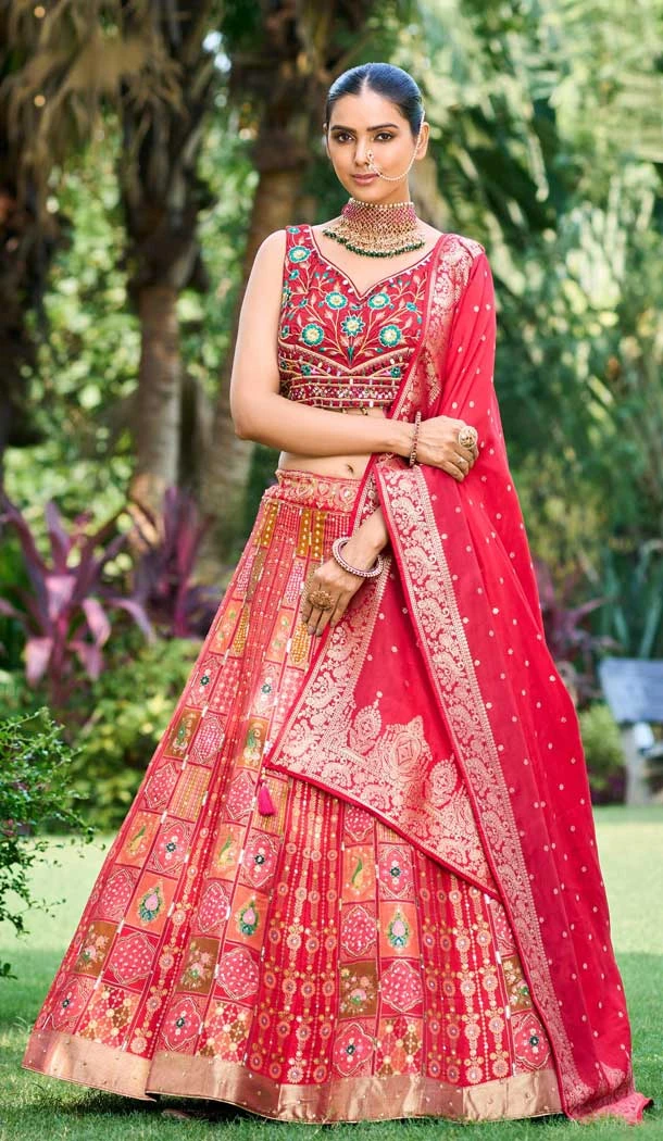 Banarasi Silk Handwork Wedding Wear Heavy Lehenga Choli In Red - 8026179820