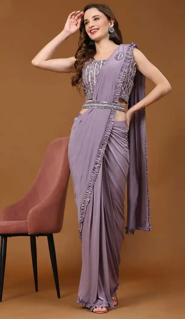Imported Embroidery Sequins Work Designer Party Wear Readymade Saree In Purple - 8027179824