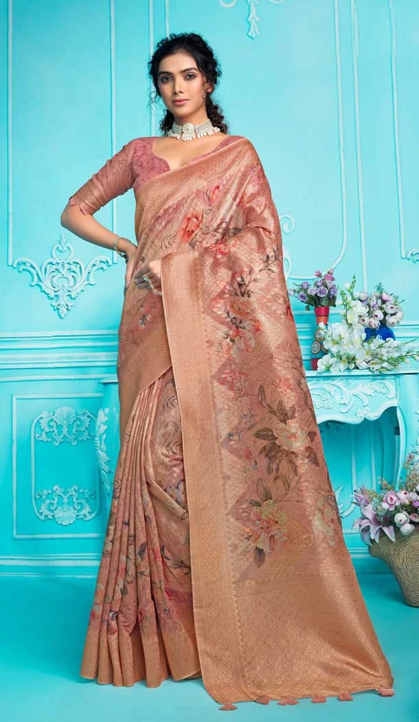 Traditional Pink Organza Printed Work Function Wear Saree - 8030179843