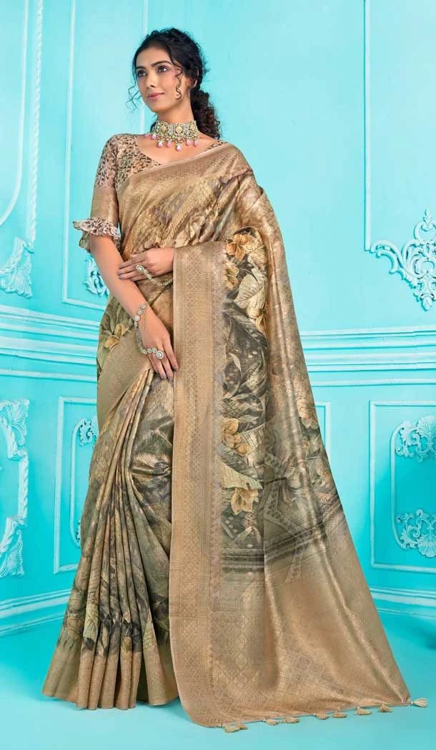 Traditional Multi Color Organza Printed Work Function Wear Saree - 8030179845