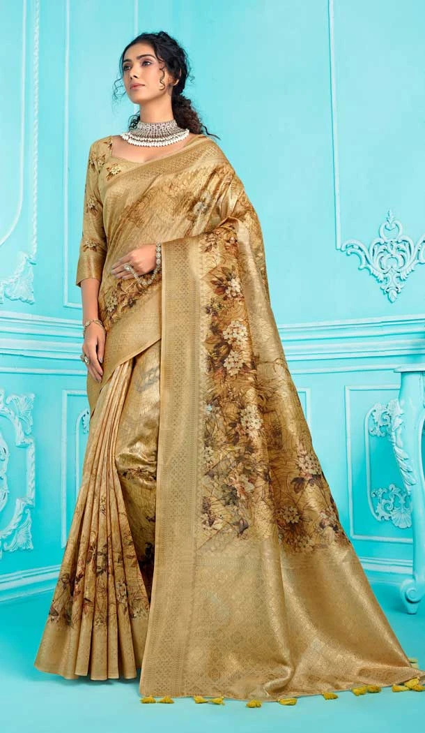 Traditional Chiku Color Organza Printed Work Function Wear Saree - 8030179846