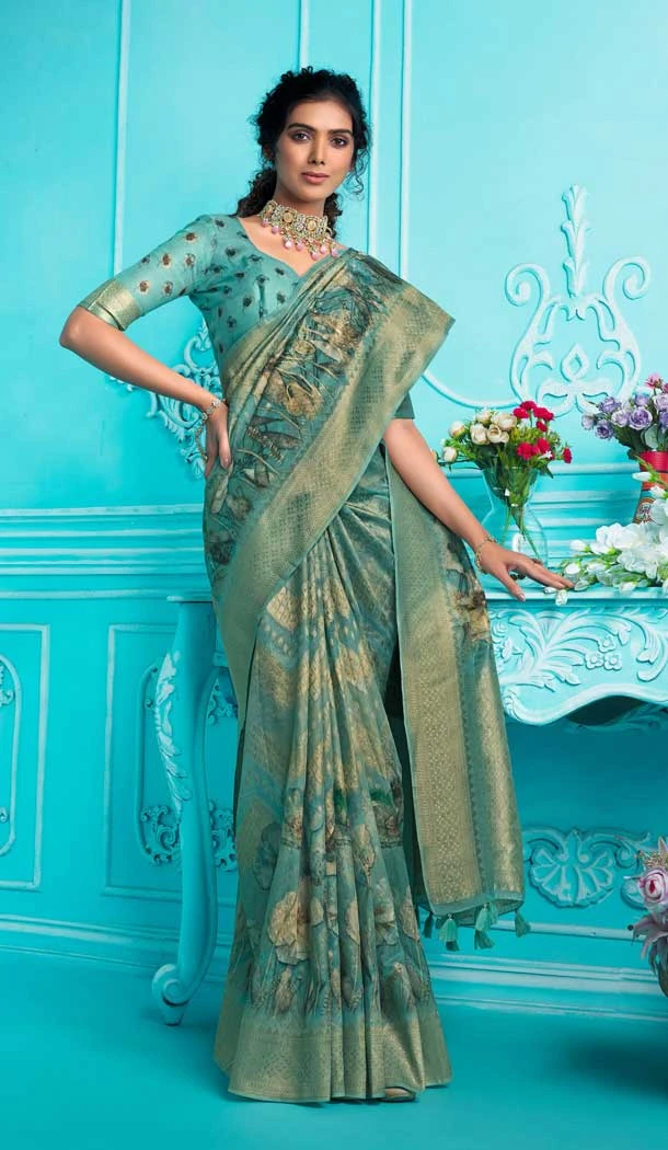 Traditional Blue Organza Printed Work Function Wear Saree - 8030179847
