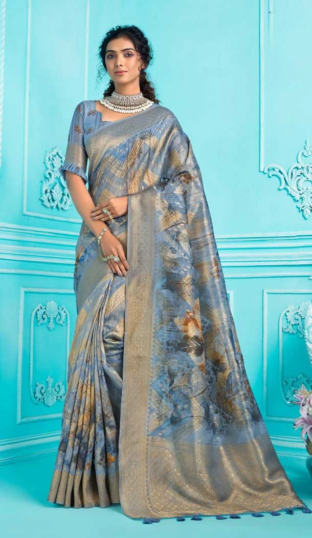 Multi Color Traditional Organza Printed Work Function Wear Saree - 8030179848