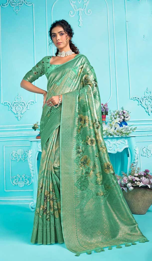 Traditional Mint Green Organza Printed Work Function Wear Saree - 8030179850