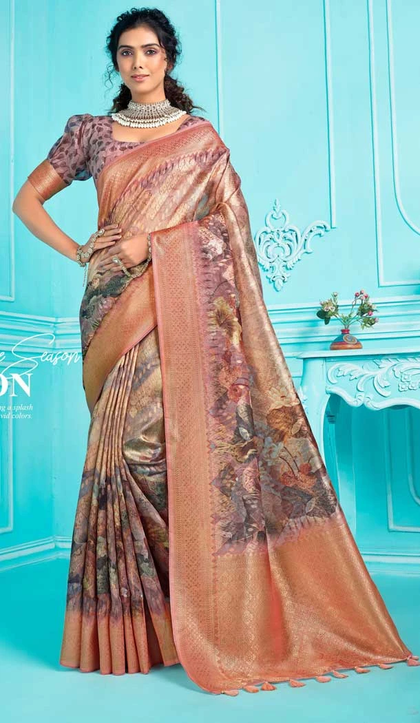 Traditional Organza Multi Color Printed Work Function Wear Saree - 8030179851
