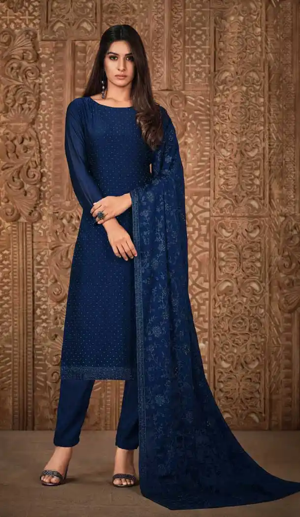 Adorable Navy Blue Silk Georgette With Diamond Work Party Wear Salwar Kameez - 8037179891