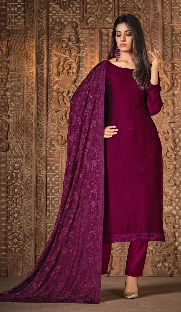 Fancy Wine Color Silk Georgette With Diamond Work Party Wear Salwar Kameez - 8037179892