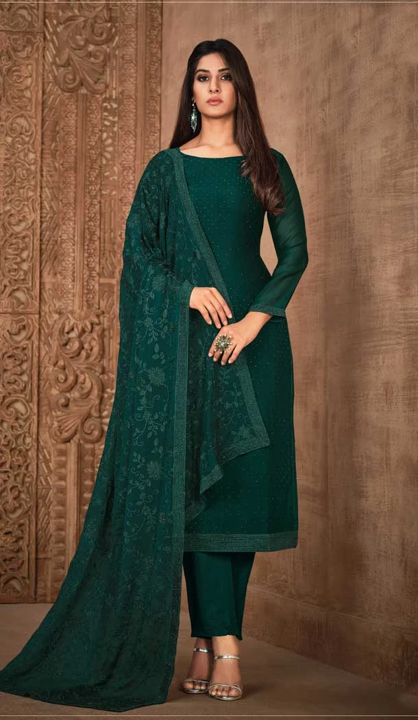 Gleaming Green Silk Georgette With Diamond Work Party Wear Salwar Kameez - 8037179893