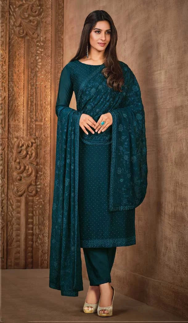 Divine Teal Color Silk Georgette With Diamond Work Party Wear Salwar Kameez - 8037179895