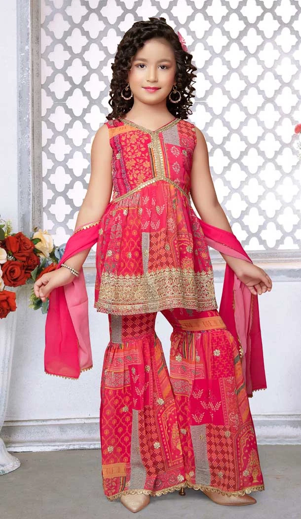 Pink Faux Georgette Embroidery Work Designer Readymade Kids Sharara Suit - 8039179901