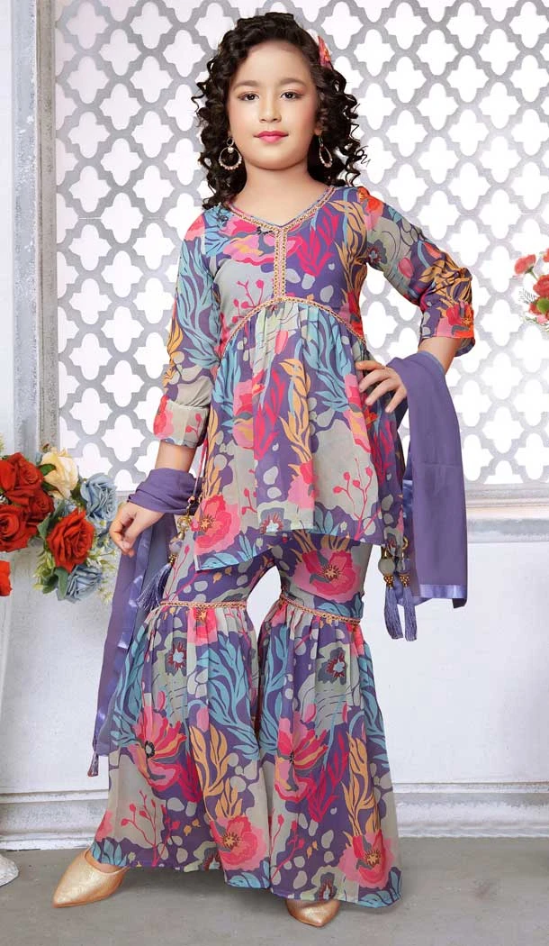 Multi Color Faux Georgette Digital Print Work Designer Readymade Kids Sharara Suit - 8039179903