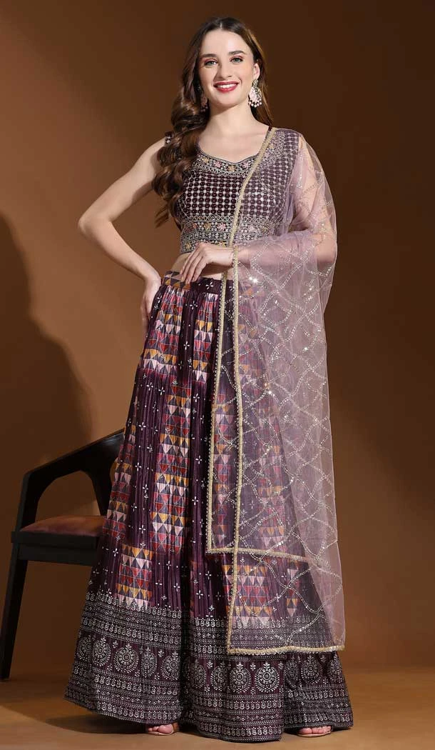 Designer Readymade Crush Chinon With Foil Work Party Wear Lehenga Choli In Multicolor - 8040179905