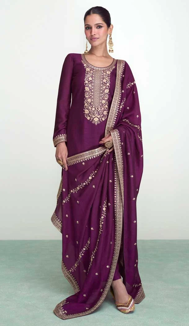 Designer Purple Premium Silk With Embroidery Work Function Wear Palazzo Salwar Suit - 8043179920