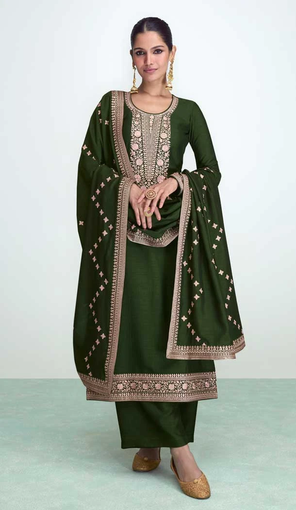 Designer Mehendi Premium Silk With Embroidery Work Function Wear Palazzo Salwar Suit - 8043179921
