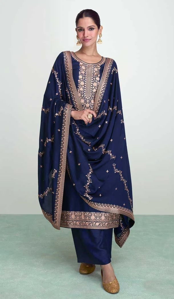 Designer Navy Blue Premium Silk With Embroidery Work Function Wear Palazzo Salwar Suit - 8043179922