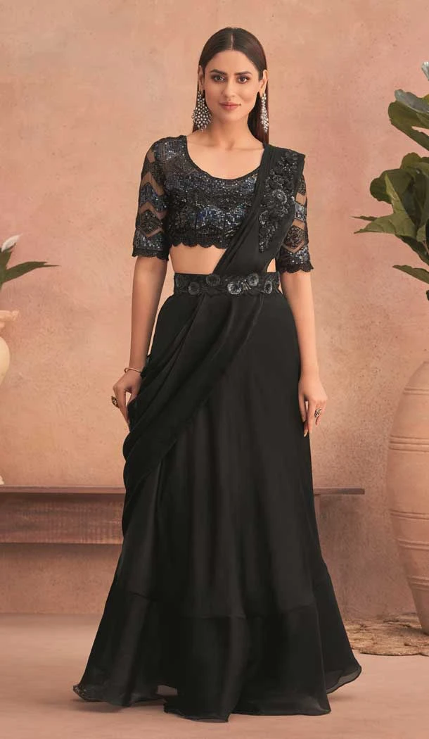 Black Silk Georgette With Embroidery Work Designer Party Wear Saree - 8052180001