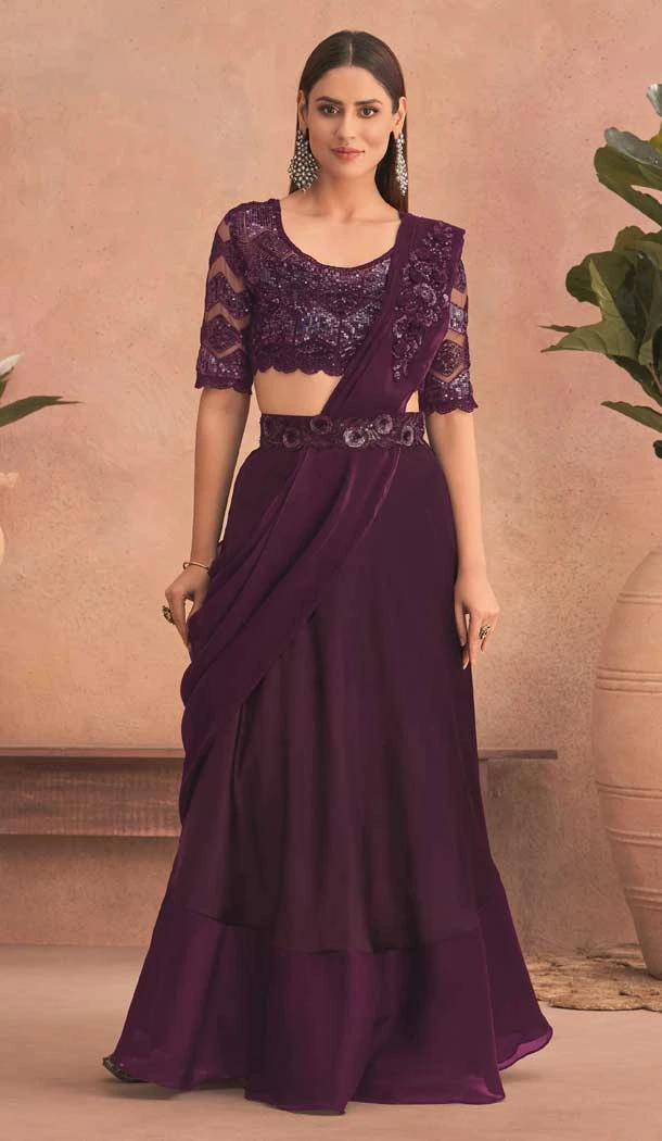 Wine Silk Georgette With Embroidery Work Designer Party Wear Saree - 8052180004