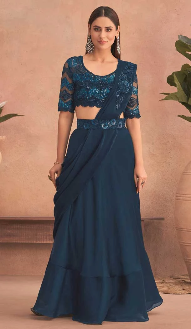 Teal Blue Silk Georgette With Embroidery Work Designer Party Wear Saree - 8052180005