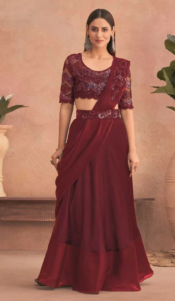 Silk Georgette With Embroidery Work Designer Party Wear Saree In Maroon - 8052180006