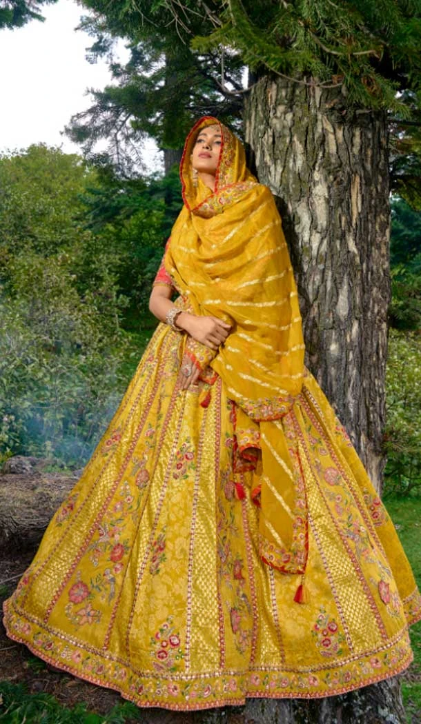 Yellow Fancy Silk Embroidery Work Designer Wedding Wear Lehenga Choli - 8063180071