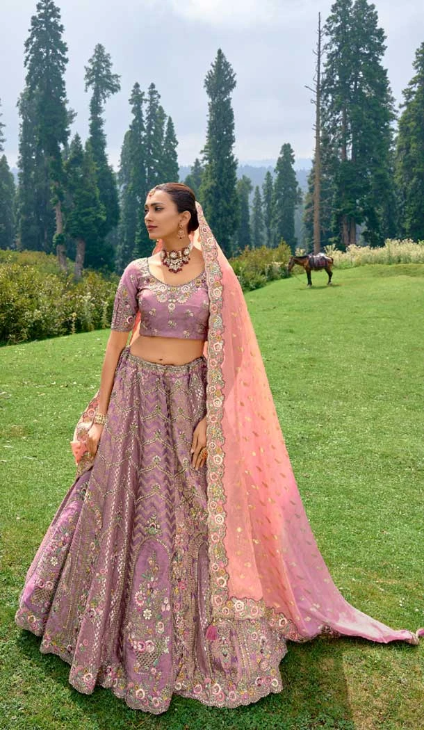 Lavender Fancy Silk Embroidery Work Designer Wedding Wear Lehenga Choli - 8063180072