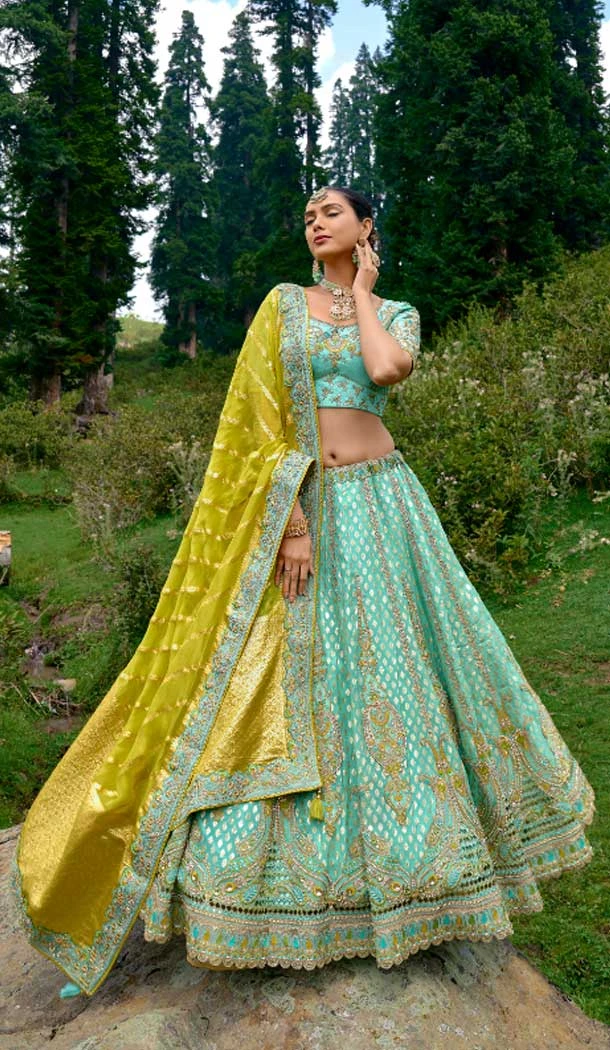 Sky Blue Fancy Silk Embroidery Work Designer Wedding Wear Lehenga Choli - 8063180074