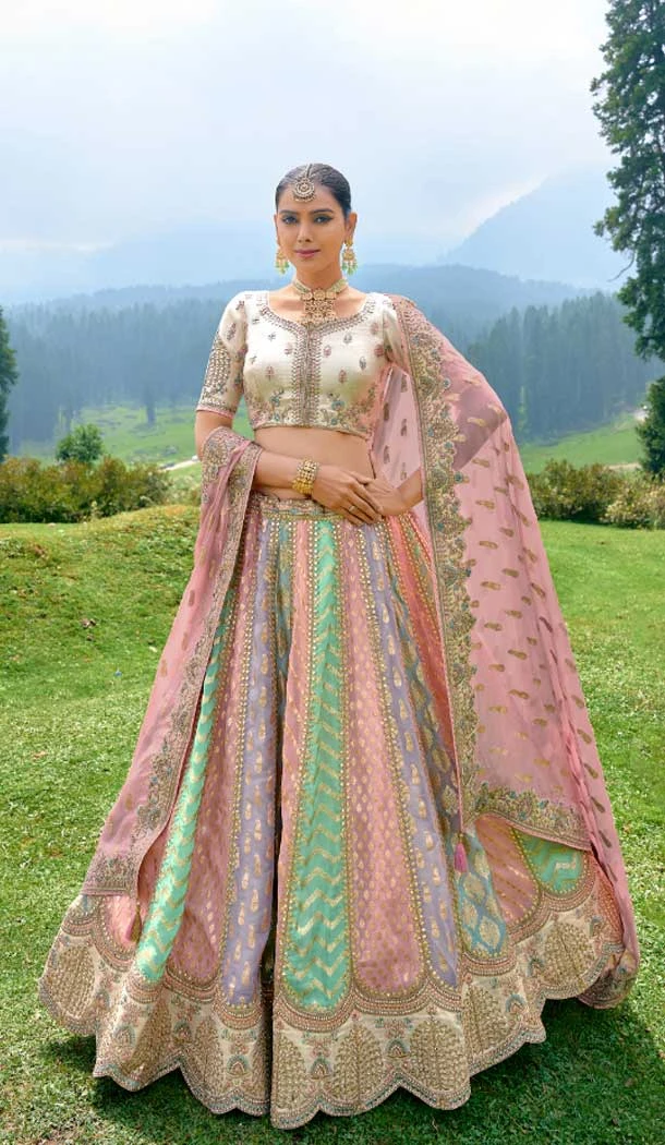 Multi Color Fancy Silk Embroidery Work Designer Wedding Wear Lehenga Choli - 8063180075