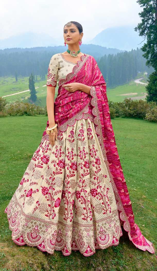 Cream Color Fancy Silk Embroidery Work Designer Wedding Wear Lehenga Choli - 8063180078