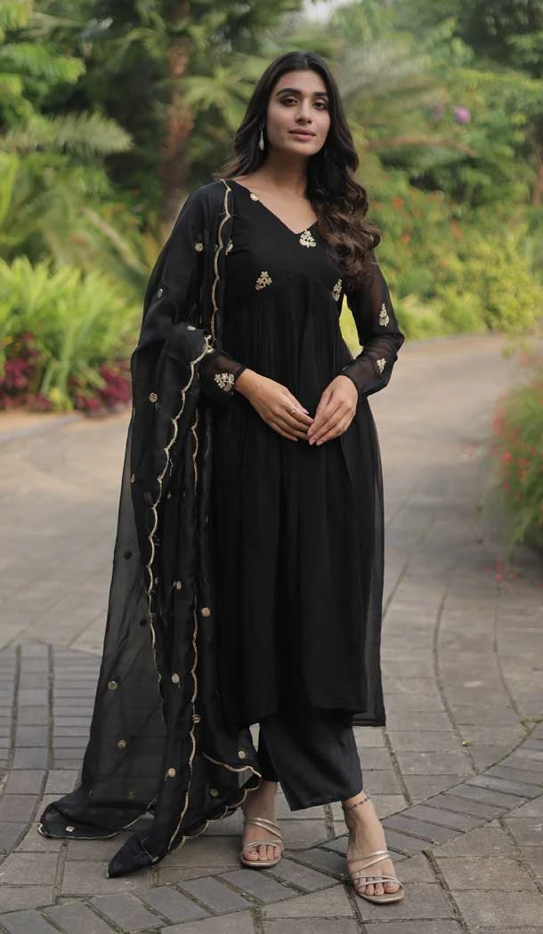 Readymade Black Faux Blooming With Embroidered Alia Cut Palazzo Salwar Kameez - 8067180144