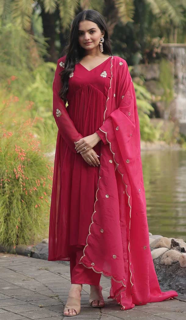 Readymade Pink Faux Blooming With Embroidered Alia Cut Palazzo Salwar Kameez - 8067180145