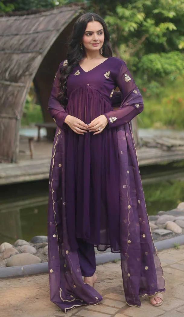 Readymade Wine Faux Blooming With Embroidered Alia Cut Palazzo Salwar Kameez - 8067180146
