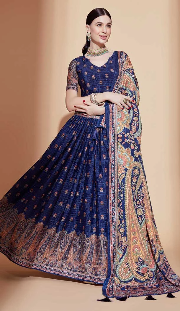 Chinon With Digital Print Work Heavy Designer Lehenga Choli In Blue - 8073180163