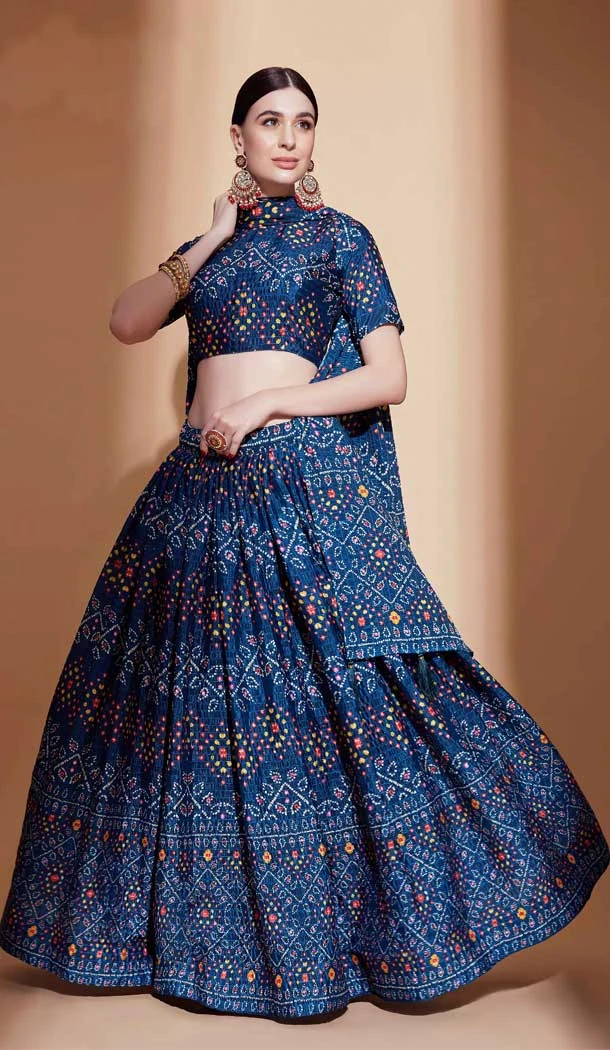 Blue Chinon With Digital Print Work Heavy Designer Lehenga Choli - 8073180165