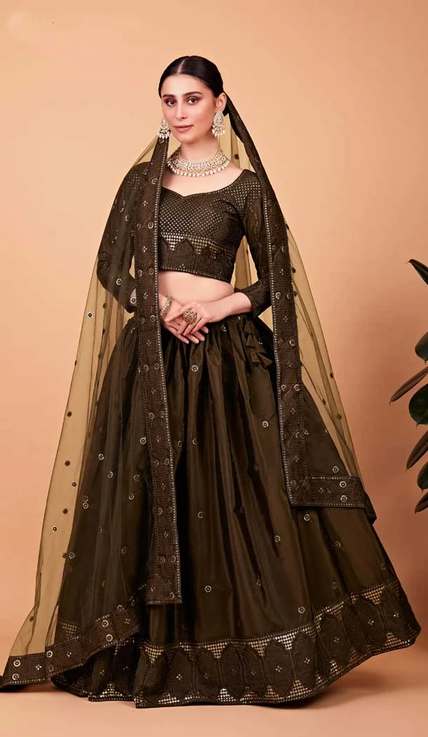 Designer Tabby Silk Mehendi Color Sequence Embroidery Work Party Wear Lehenga Choli  - 8075180172