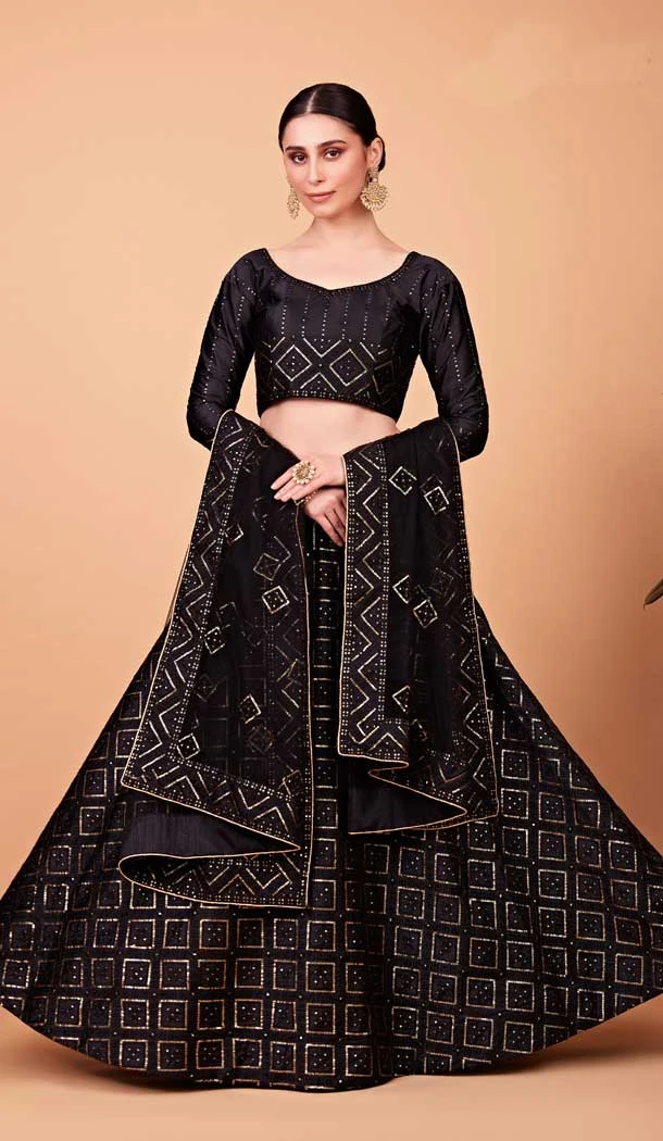 Designer Tabby Silk Black Color Sequence Embroidery Work Party Wear Lehenga Choli  - 8075180174