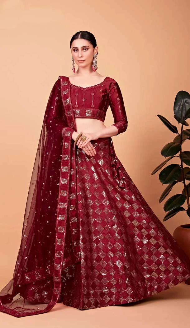 Designer Tabby Silk Cherry Red Color Sequence Embroidery Work Party Wear Lehenga Choli  - 8075180175