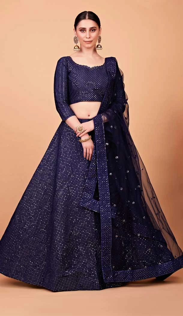 Designer Tabby Silk Navy Blue Color Sequence Embroidery Work Party Wear Lehenga Choli  - 8075180177
