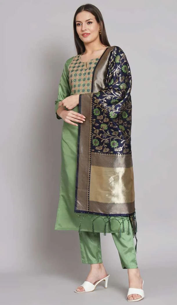Silk Blend With Embroidery Work Designer Casual Wear Readymade Salwar Suit In Pista - 8077180182