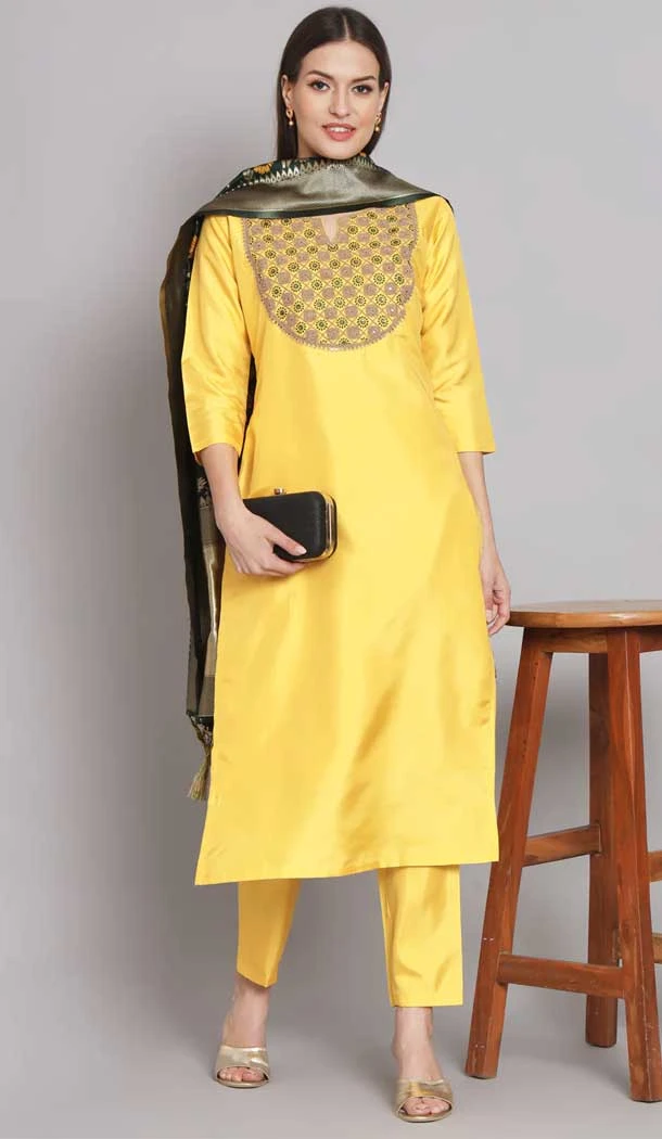 Silk Blend With Embroidery Work Designer Casual Wear Readymade Salwar Suit In Yellow - 8077180183