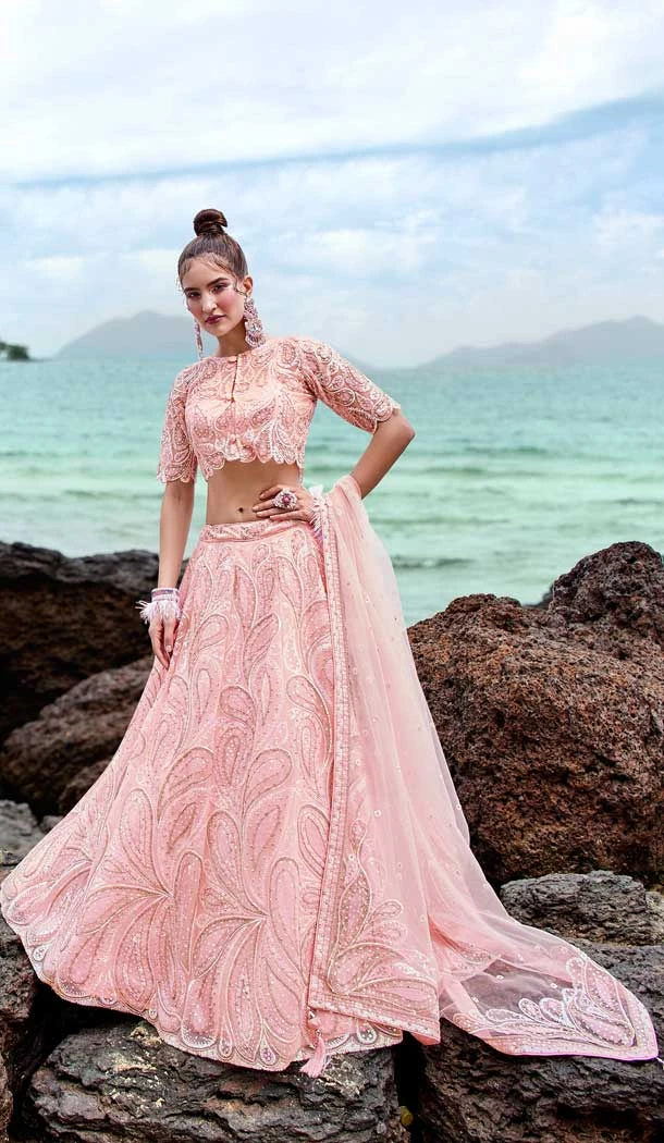 Light Pink Net sequins Work Designer mehendi and sangeet ceremony Lehenga Choli - 8078180184
