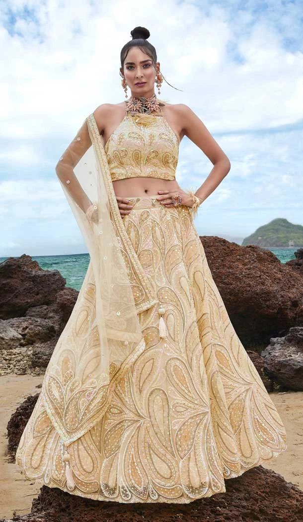 Cream Color Net sequins Work Designer mehendi and sangeet ceremony Lehenga Choli - 8078180185