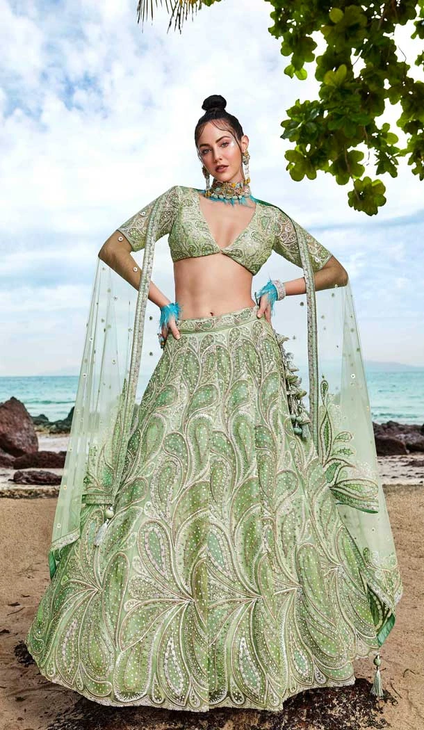 Lime Green Net sequins Work Designer mehendi and sangeet ceremony Lehenga Choli - 8078180186